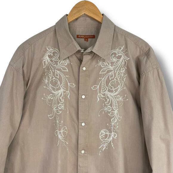 ACORN Bob Goldfeder Mens Pearl Snap Long Sleeve Shirt Embroidered Tan Beige XXL - Picture 2 of 12